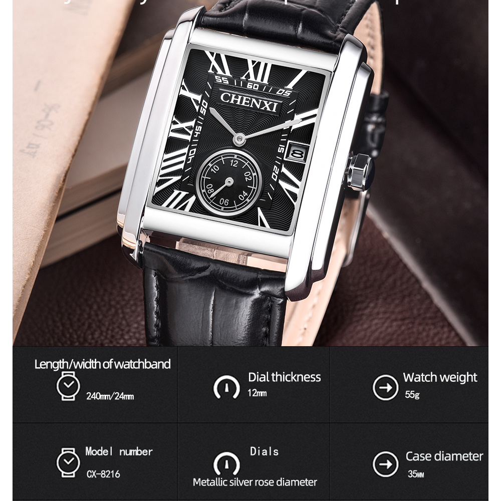 CHENXI 8216 Fashion Classic Sq - Leather Watch Band Men avaliação e preço